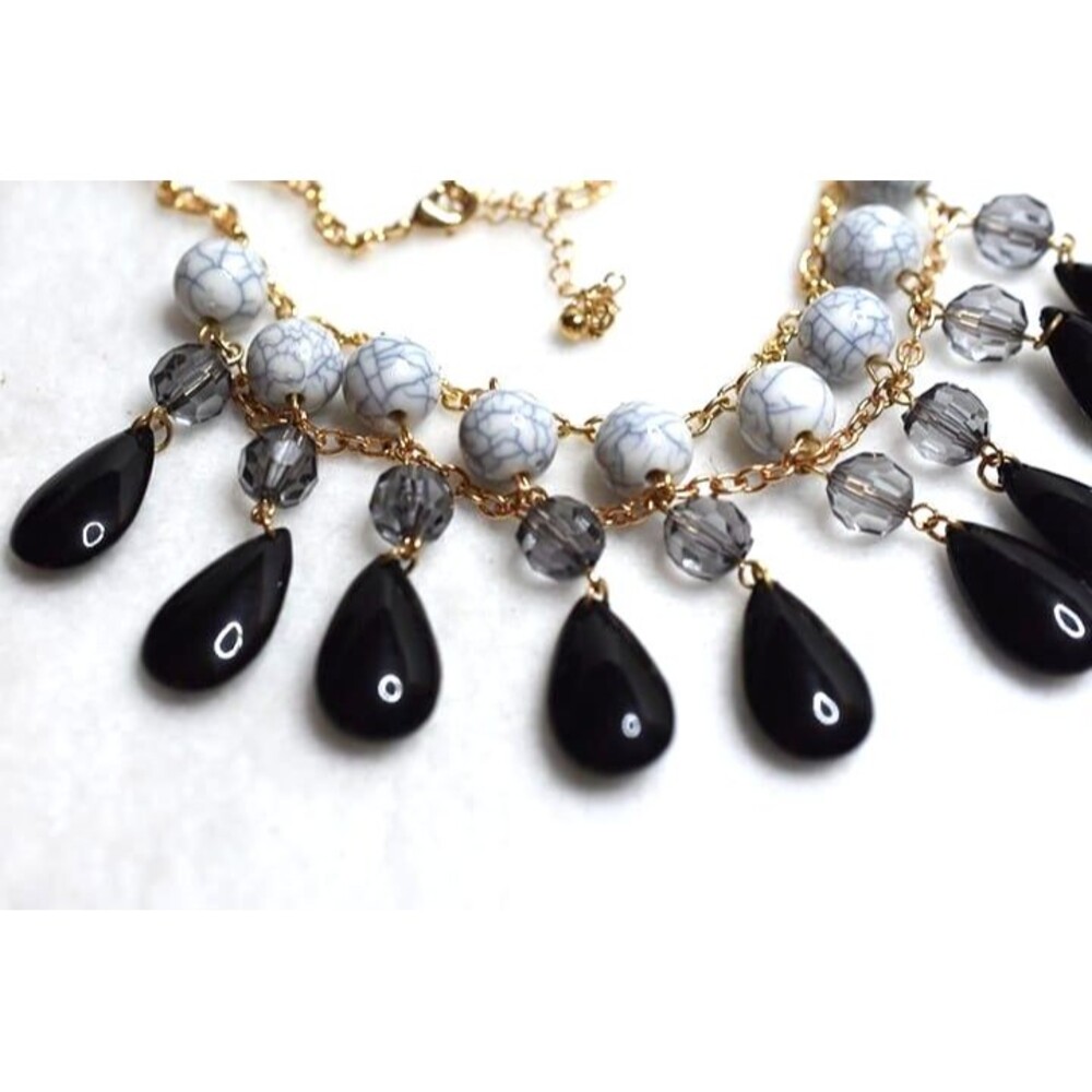 Boho Chunky Black Teardrop  Black Blue White Gold Tone Link Chain18" Necklace